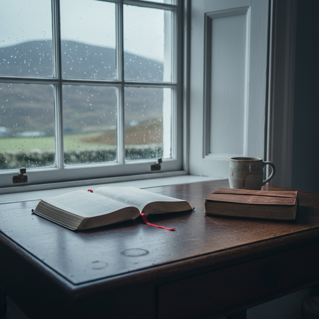 An interior reading corner in a Skye manse: a solid, dark-wood writing desk with a slightly uneven surface and faint ink rings, positioned beside a deep-set sash window. On the desk lies an open, ribbon-marked prayer book, its cream pages gently curled at the edges, alongside a leather-bound journal and a ceramic mug with faint tea stains. Outside the window, blurred in soft focus, lie grey-blue hills and rain-speckled glass. Overcast daylight filters through, creating a cool, even illumination with subtle reflections on the window frame. Photographed in photographic realism from a three-quarter angle, the composition uses shallow depth of field to emphasize the books and mug, cultivating a quiet, thoughtful atmosphere of study, sermon preparation, and reflective writing about Skye life and ministry.