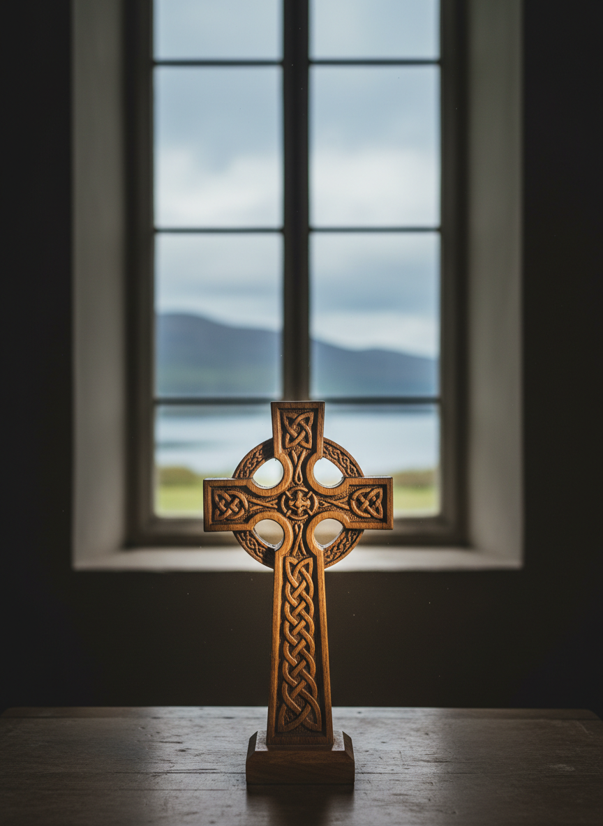An intricately carved wooden altar cross resting on a simple, well-worn oak communion table inside a small island church. The wood is deep honey-brown, polished by generations of hands, with fine Celtic knotwork and interlaced patterns that catch the light. Behind it, a narrow lancet window reveals a blurred view of the Skye coastline: dark hills, muted sea, and a strip of overcast sky. Soft, natural light filters through the glass, illuminating dust motes and creating a gentle halo around the cross while leaving the corners of the sanctuary in shadow. Shot at eye level with a shallow depth of field in photographic realism, the cross is sharply in focus against a soft, atmospheric background, evoking a serene, contemplative mood of quiet priestly ministry rooted in place.