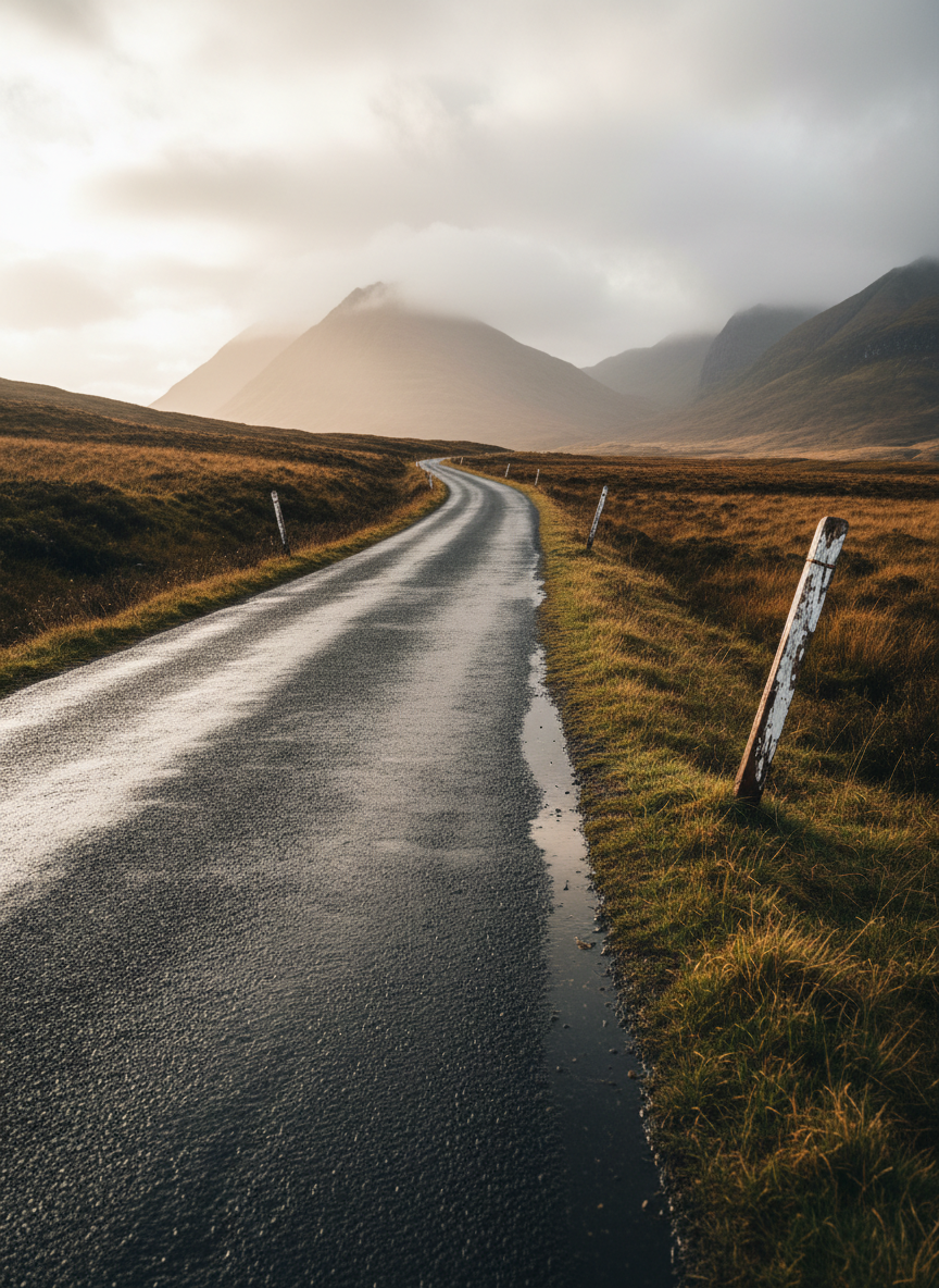 A narrow single-track road on the Isle of Skye, its dark, rain-slicked tarmac glistening, winding gently between undulating moorland covered in rust-gold bracken and deep green heather. Wooden passing place signs stand at intervals, slightly tilted, their white paint chipped by salt-laden winds. Low clouds hug the distant Cuillin peaks, their outlines softened by drifting mist. Soft late-afternoon light breaks through gaps in the cloud, casting subtle highlights on puddles along the roadside. Captured from a low, slightly off-center perspective, using the rule of thirds so the road pulls the eye into the distance. The photographic realism and muted, natural palette create a reflective, journeying atmosphere that hints at finding one’s way in a remote, spiritual landscape.