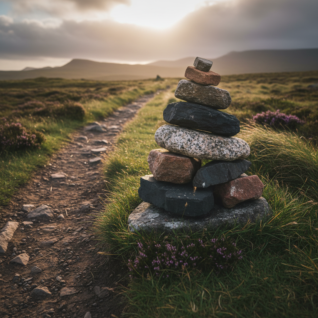 A small stone cairn built beside a windswept Skye footpath, each rock uniquely shaped and coloured—from dark basalt to pale, speckled granite—carefully balanced to form a modest waymarker. Around it, coarse grass bends under a steady Atlantic breeze, and patches of purple heather cling to shallow soil between scattered stones. In the distance, low, cloud-draped hills form a soft, undulating horizon. Late-evening golden hour light slips under the cloud layer, casting warm highlights on the upper stones of the cairn and long, delicate shadows across the path. Captured in photographic realism from a low, close perspective, with the cairn in crisp focus and the path leading into a gently blurred background, the mood is quietly hopeful and symbolic, evoking guidance, pilgrimage, and the process of finding one’s way on Skye.