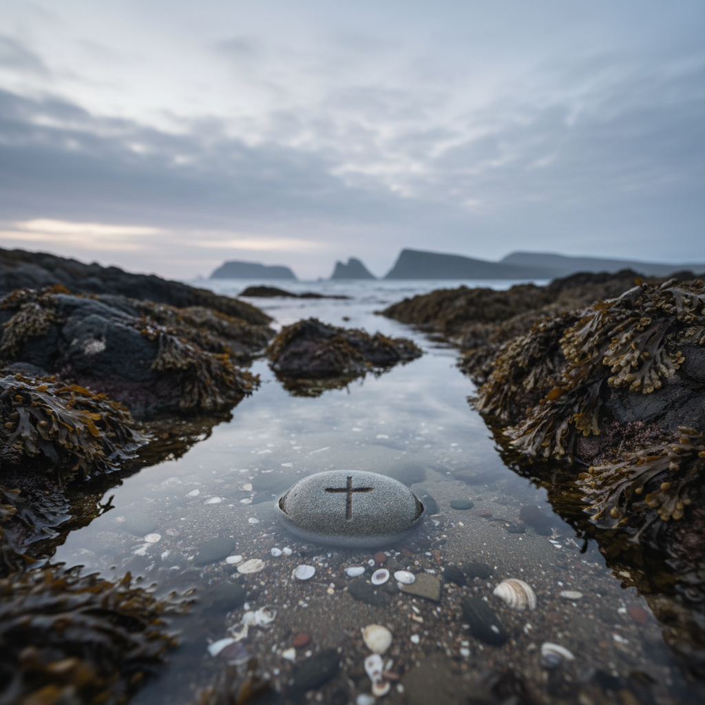 A rocky Skye shoreline at low tide, where dark, seaweed-draped boulders glisten with moisture, and small tidal pools mirror the pale grey sky. In one clear pool, a single smooth, oval stone inscribed with a small, simple cross rests among shells and sand, its surface slightly worn. Layers of distant headlands step into the horizon, each more misty and blue-grey than the last, under a vast, cloud-heavy sky. Gentle, diffused evening light creates soft gradients across water and rock, with no sharp contrasts. Captured in photographic realism from a low, intimate angle, focusing on the inscribed stone while the coastline recedes into a subtle bokeh. The mood is meditative and sophisticated, suggesting quiet prayer, discernment, and the meeting of faith and wild Hebridean nature.