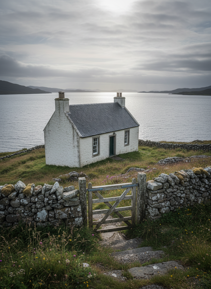 A small, sturdy stone manse tucked into a Skye bay, its rough-rendered walls painted a soft off-white, with deep-set windows reflecting the dull silver of a calm sea loch. In the foreground, a simple wooden gate, weathered and splintered, stands half-open in a low, lichen-covered stone wall, inviting the viewer inward. Tufts of wind-bent grass and scattered wildflowers cling to the rocky ground. Gentle, cool evening light filters through high cloud, creating faint streaks on the water and a subtle glow around the house’s edges. Photographed in photographic realism from a slightly elevated angle, with crisp detail on the textures of stone, wood, and water, the mood is quietly hospitable and reflective, suggesting a place of ministry, retreat, and thoughtful Skye life.